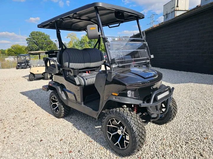 The Denago EV Nomad XL is a 4-passenger lifted lithium golf cart
